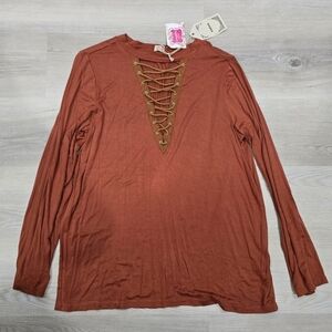 Entro Womens Blouse Burnt Orange Stretch Long Sleeve Crisscross Neck L NWT